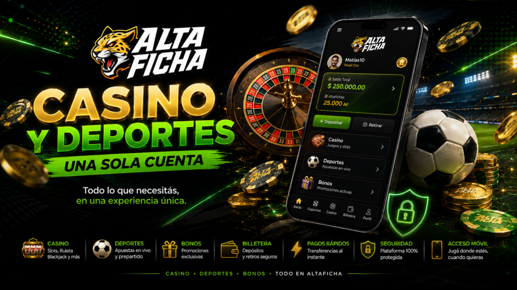 Cuenta de Altaficha con casino online, apuestas deportivas, bonos, billetera y acceso móvil