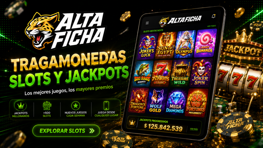Catálogo de tragamonedas de Altaficha con slots, jackpots y juegos destacados
