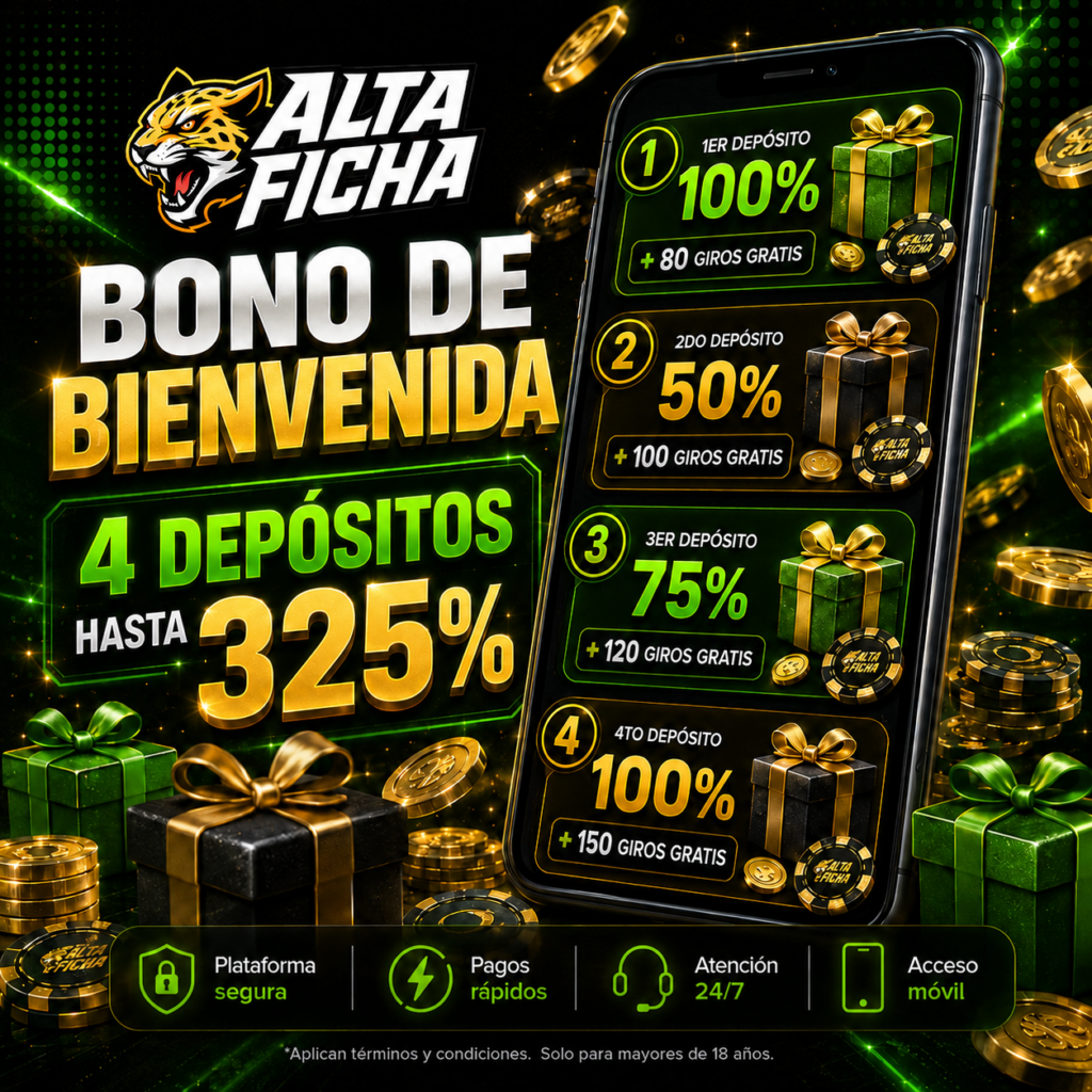 Bono de bienvenida de Altaficha con cuatro depósitos, hasta 325% y 450 giros gratis