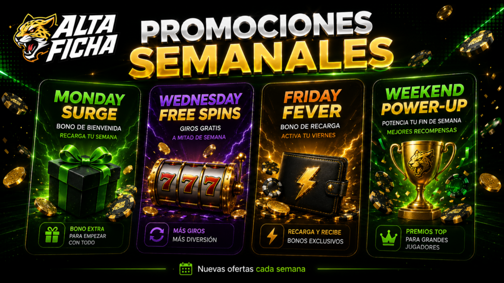 Promociones semanales de Altaficha con Monday Surge, Wednesday Free Spins, Friday Fever y Weekend Power-Up
