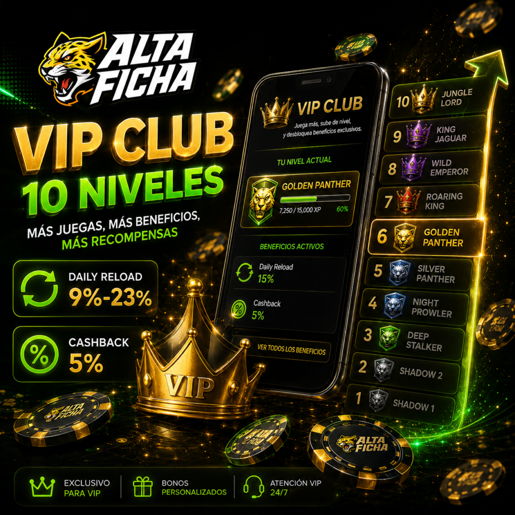 VIP Club de Altaficha con diez niveles, Daily Reload del 9% al 23% y cashback del 5%